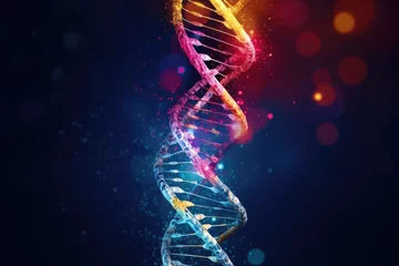 Poster DNA structure on a dark background. 3d rendering, 3d illustration, code of genetic human Spiral DNA polygonal, AI Generated © Iftikhar alam