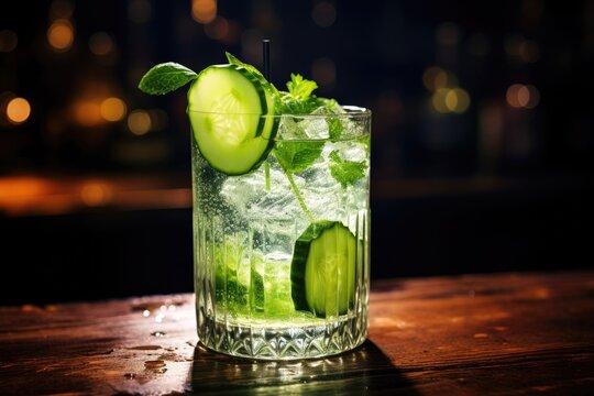 Cucumber mojito cocktail on bar counter in night club, Cocktail with cucumber, ice on bar counter in a restaurant, pub, AI Generated
