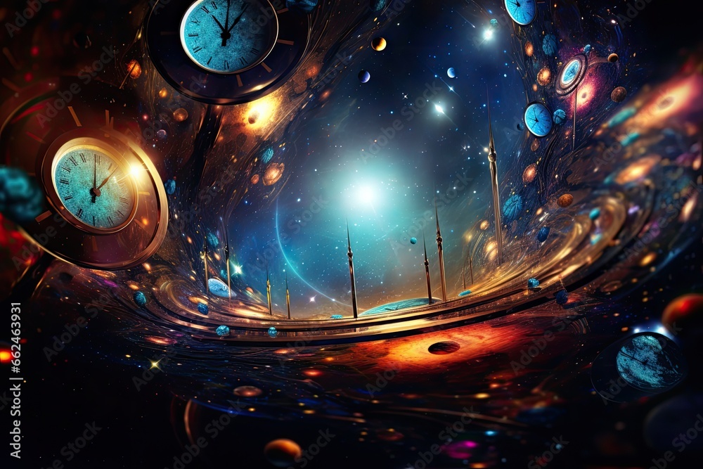 Wall mural abstract scene with clocks and planets in space. 3d rendering, colorful abstract wallpaper texture b