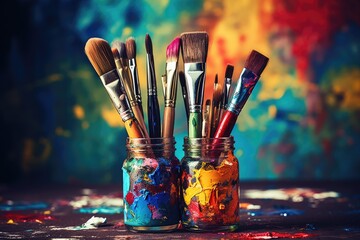 Paint brushes and palette with colorful paints on a grunge background, Colorful artist brushes and...