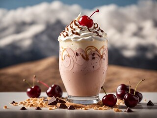 A creamy milkshake with swirls of chocolate and caramel