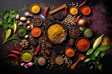 Spices and herbs on dark background. Food and cuisine ingredients, Colorful collection spices and herbs on background black table, AI Generated