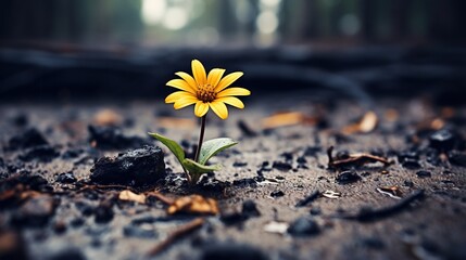  a single yellow flower is growing out of the ground in a forest.  generative ai
