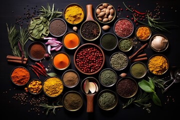 Obraz na płótnie Canvas Variety of spices and herbs on black background. Top view, Colorful collection spices and herbs on background black table, AI Generated