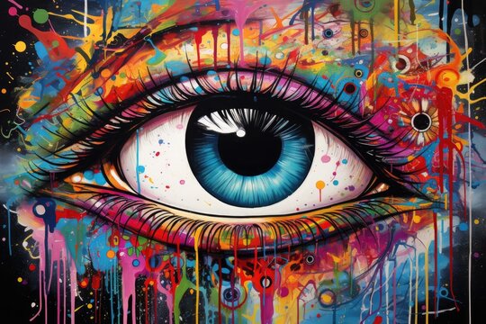 Colorful eye with abstract painting. Computer generated illustration. 3D rendering, colorful eye painting, AI Generated