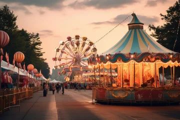 Zelfklevend Fotobehang Amusementspark Carnival in the park at sunset. Amusement park, colorful summer carnival at dusk, AI Generated
