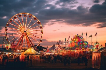 people on the fairground at sunset, colorful summer carnival at dusk, AI Generated - obrazy, fototapety, plakaty