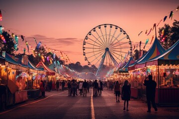 Amusement park with ferris wheel and fairground at sunset, colorful summer carnival at dusk, AI Generated - obrazy, fototapety, plakaty