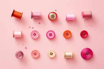 Colorful sewing accessories on pink background. Flat lay, top view, Colorful thread spools and buttons on pink background, AI Generated