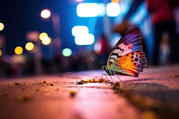 Butterfly on the road in the city at night, Thailand, colourful butterfly on the side walk of a...