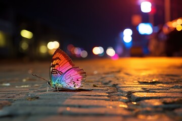 Butterfly on the street in the evening. Blurred background, colourful butterfly on the side walk of...