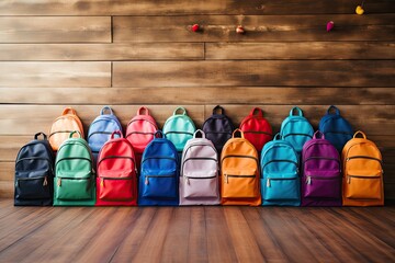 Group of colorful backpack on wooden background. Back to school concept, Colourful children schoolbags on wooden floor. Backpacks with school accessories, AI Generated