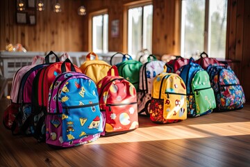 Colorful school backpacks on wooden floor in classroom. Back to school concept, Colourful children schoolbags on wooden floor. Backpacks with school accessories, AI Generated - obrazy, fototapety, plakaty