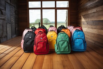Group of colorful backpacks on the wooden floor near the window, Colourful children schoolbags on wooden floor. Backpacks with school accessories, AI Generated