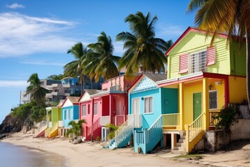Colorful houses on the beach in St. Augustine, Florida, Colourful houses on the tropical island of Barbados, AI Generated