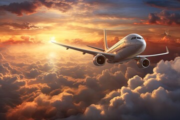 Airplane flying in the clouds at sunset. 3D illustration, Commercial airplanes fly above dramatic...