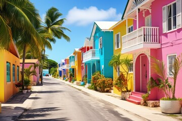 Colorful houses in St. Augustine, Florida, United States, Colourful houses on the tropical island of Barbados, AI Generated - obrazy, fototapety, plakaty