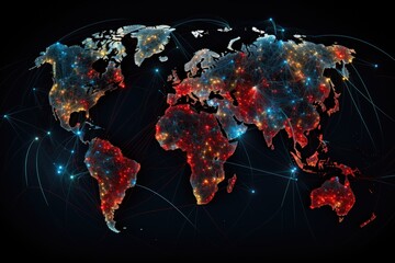 World map with glowing lines and dots on dark background. Vector illustration, Communications network map of the world, AI Generated