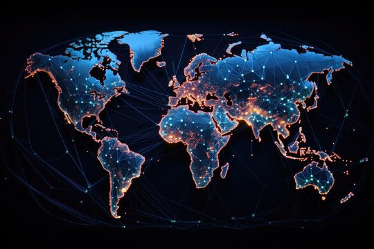 Fototapeta Glowing world map on dark background. Globalization concept. 3D Rendering, Communications network map of the world, AI Generated