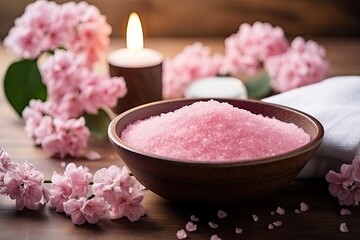 Obraz na płótnie Canvas Spa still life with pink bath salt, flowers and candles on wooden background, Concept of spa treatment with pink salt, AI Generated