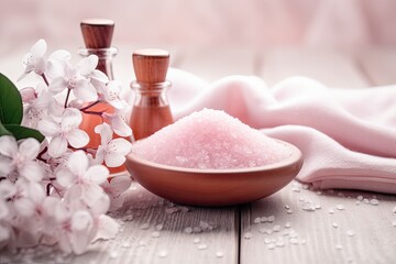 Spa still life with pink bath salt and flowers on wooden background, Concept of spa treatment with pink salt, AI Generated