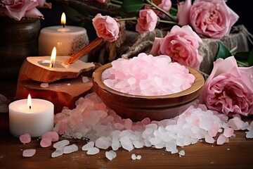 Obraz na płótnie Canvas Spa still life with pink salt, candles and roses on wooden background, Concept of spa treatment with pink salt, AI Generated