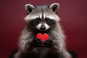 Cute raccoon holding red heart on red background, closeup, Cute Baby raccoon holding red heart on valentines Day, AI Generated