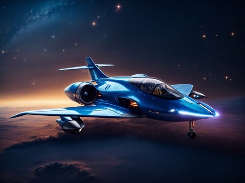 A futuristic, sci-fi inspired airplane with sleek, angular lines and glowing blue engine