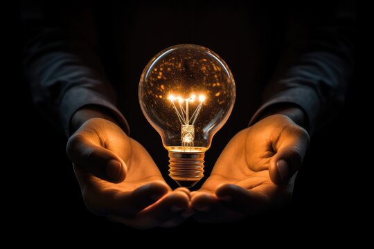 Glowing light bulb in the hands of a man on a black background, Conceptual image of lightbulb in hand against Black background, AI Generated