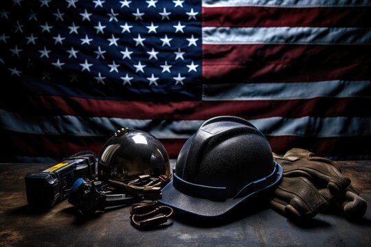 American labor day concept with helmet, gloves and camera on the US flag background, Construction and manufacturing tools with patriotic US, USA, American flag on dark black background, AI Generated
