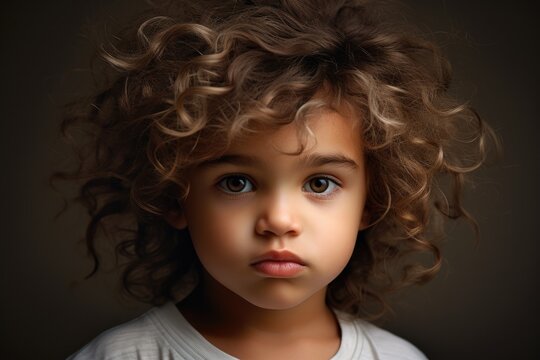Portrait of a little girl with curly hair on a gray background, Cute baby with fluffy hair. Pretty boy, AI Generated