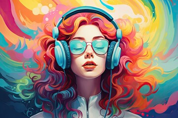 Portrait of a beautiful young woman listening to music with headphones, girl with headphones in a...