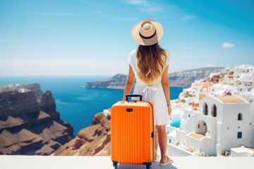 Fototapeta premium Young woman in white dress and hat with orange suitcase on Santorini island, Greece, Happy moment with young woman rear view tourist as orange the luggage in Santorini island,Greece, AI Generated