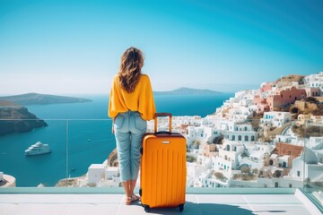 Young woman with orange travel suitcase on Santorini island in Greece, Happy moment with young woman rear view tourist as orange the luggage in Santorini island,Greece, AI Generated - obrazy, fototapety, plakaty