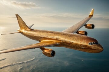 A majestic, golden airplane with intricate, swirling patterns