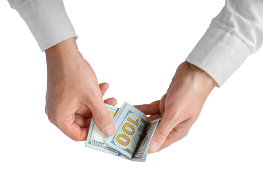 Man counting money. Allocation of money, economy concept, US dollar falling or rising. Man hands with dollar cash isolated on white, transparent background, PNG. Finance, bank, currency..