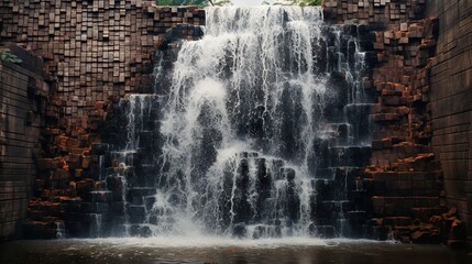 Fototapeta na wymiar a large waterfall with bricks on the side of it and water coming out of it. generative ai