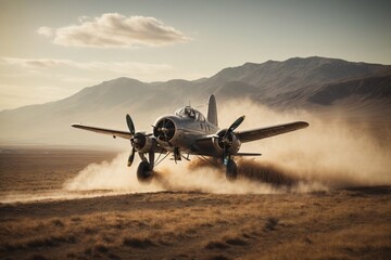 An old, vintage airplane flying over a vast, rugged landscape - obrazy, fototapety, plakaty