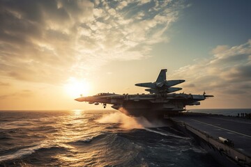 aircraft carrier and fighter jet taking off. Generative AI - obrazy, fototapety, plakaty