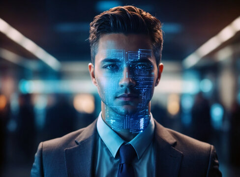 business and data protection, biometric security identify, face recognition online access business data. cyber security technology prevent unauthorized access and protect business 