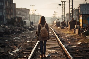 beautiful girl walking along a train line