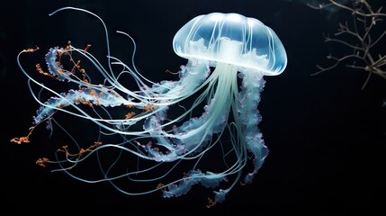  a jellyfish swimming in the water with a black background.  generative ai - obrazy, fototapety, plakaty