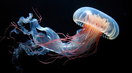 Fototapeta premium a jellyfish swimming in the water with a black background. generative ai