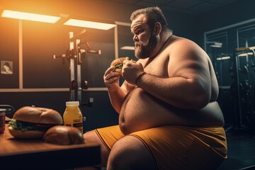 Fat man eating fast food in the gym. The problem of obesity and excess weight. Caring for health and proper nutrition - obrazy, fototapety, plakaty