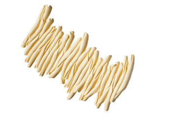 Maccheroni al Feretto noodle isolated on white, close up