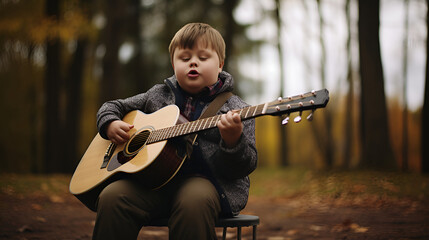 Cute boy with Down syndrome plays the guitar.