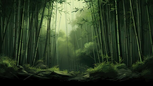  A Painting Of A Bamboo Forest With Green Light Coming Through The Trees.  Generative Ai