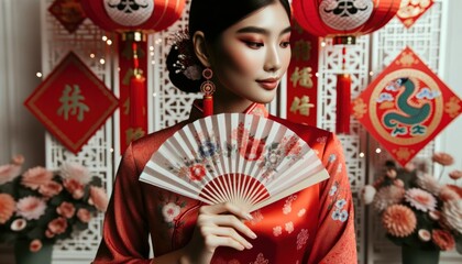 Close-up photo of a woman, her elegance radiating in a vibrant red qipao, holding a delicate paper fan with intricate designs.