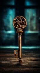 A golden key on a wooden floor in a dark room