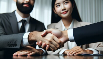 Close-up photo of two Asian business figures, a man and a woman, shaking hands with conviction across a tidy negotiation table. - obrazy, fototapety, plakaty